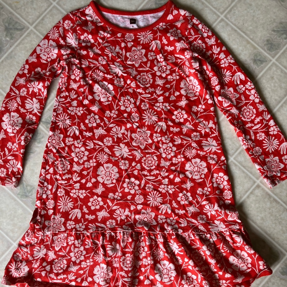 Tea collection orange floral knit dress Ruffle Hem long Sleeve